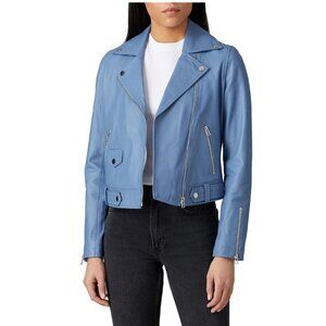 Slate & Willow Blue Classic Leather Zip Front Moto Jacket Women's Size Small S